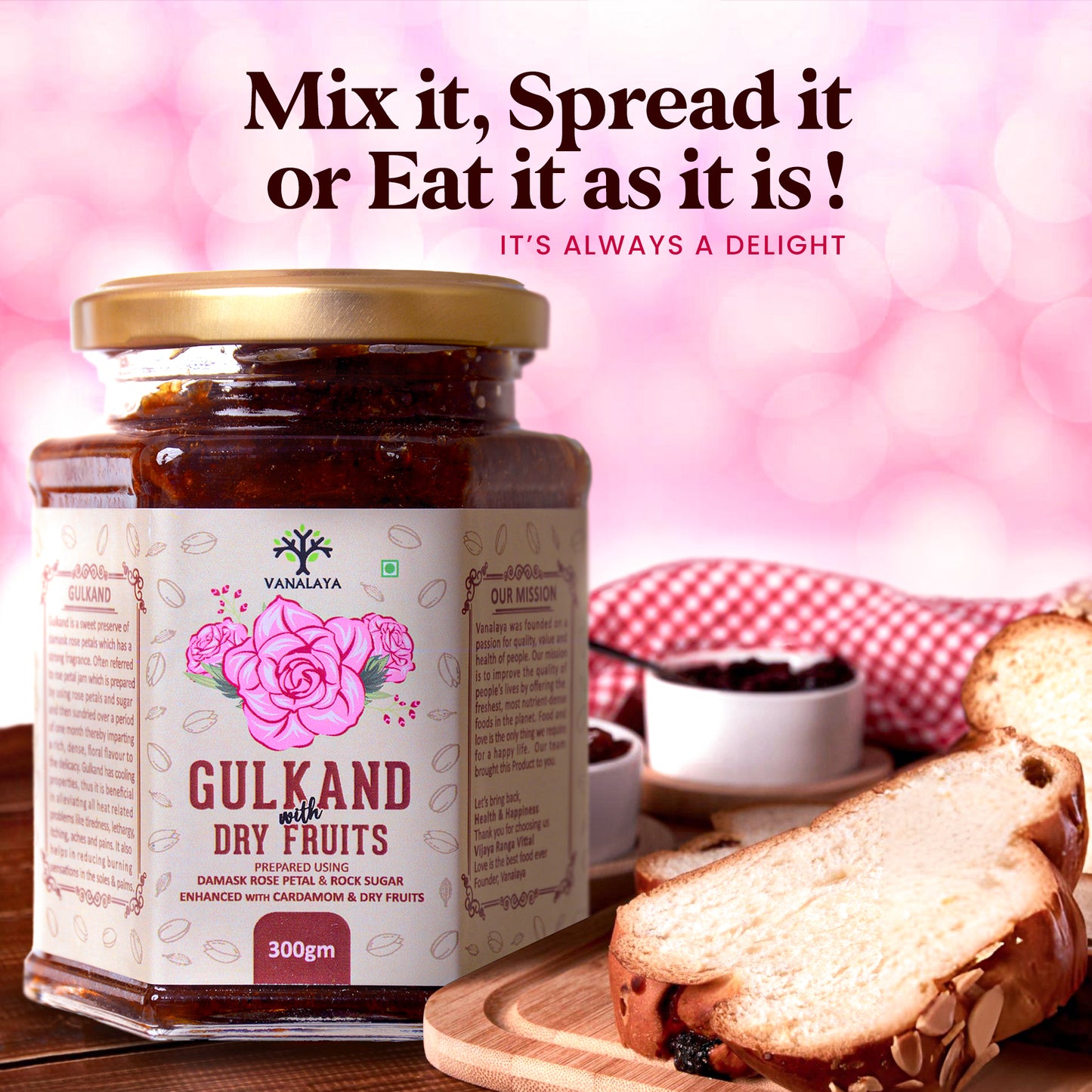 Vanalaya Natural Organic Dry Gulkand Prepared Using Sun Cooked Damask Rose Along with Dry Fruits