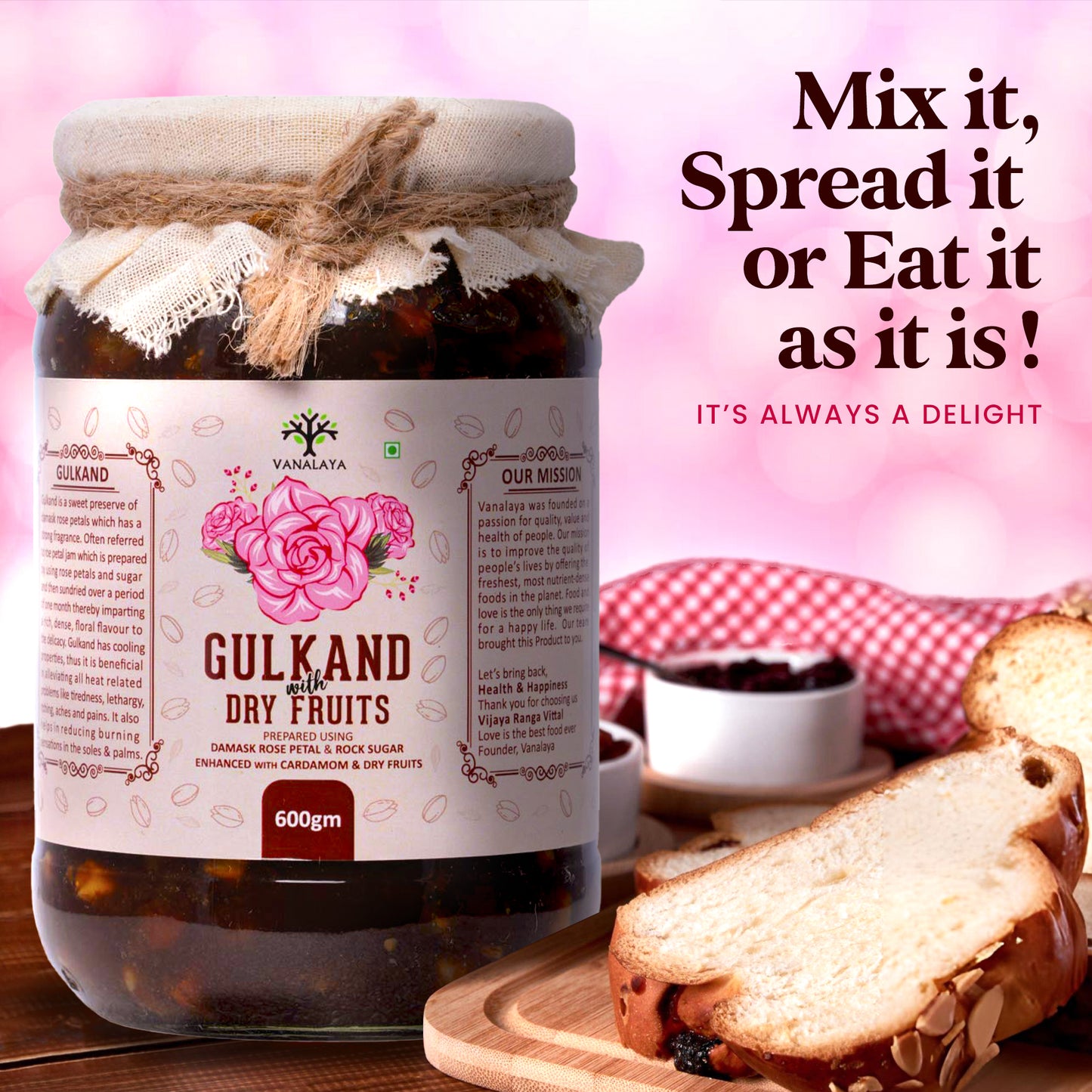 Vanalaya Natural Organic Dry Gulkand Prepared Using Sun Cooked Damask Rose Along with Dry Fruits