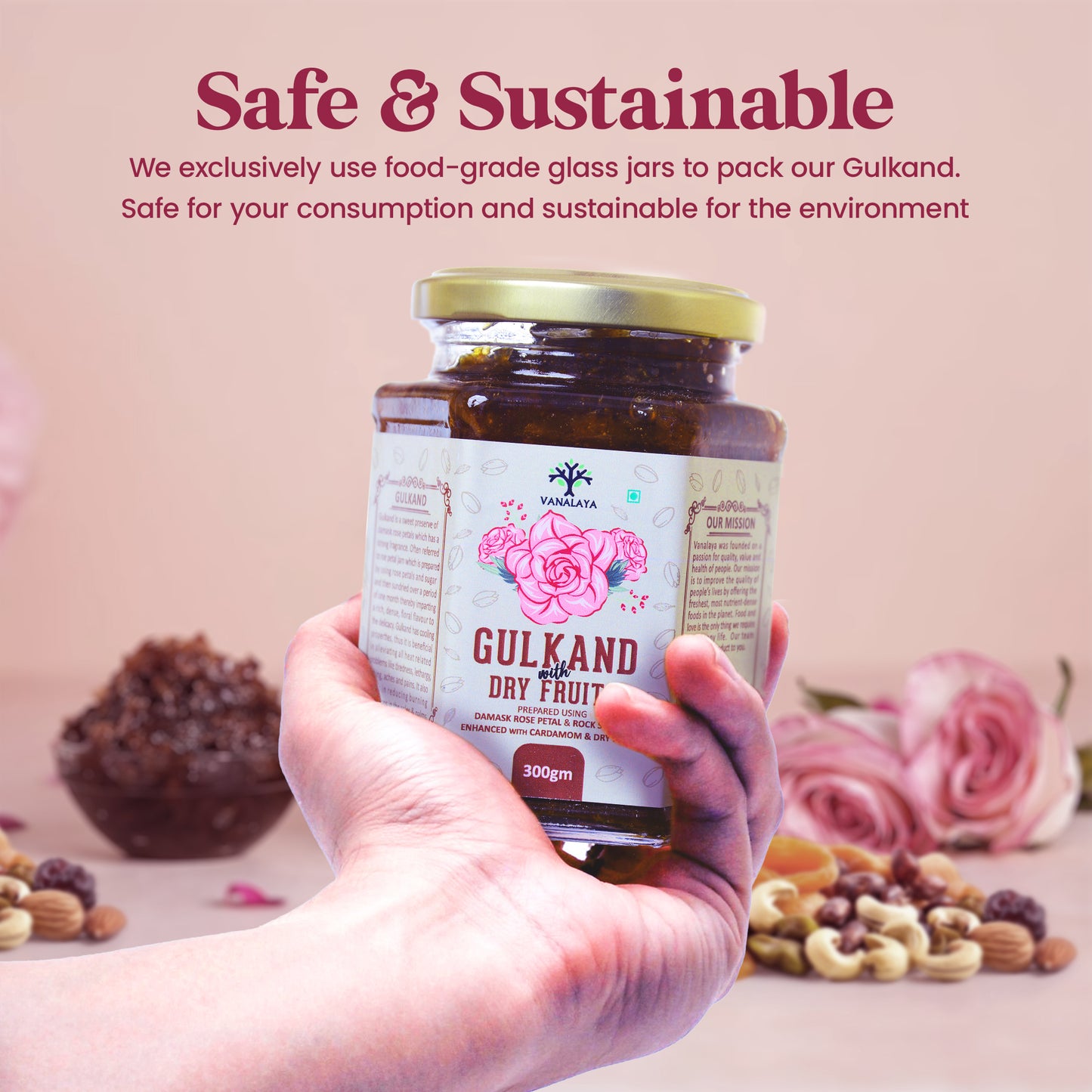 Vanalaya Natural Organic Dry Gulkand Prepared Using Sun Cooked Damask Rose Along with Dry Fruits