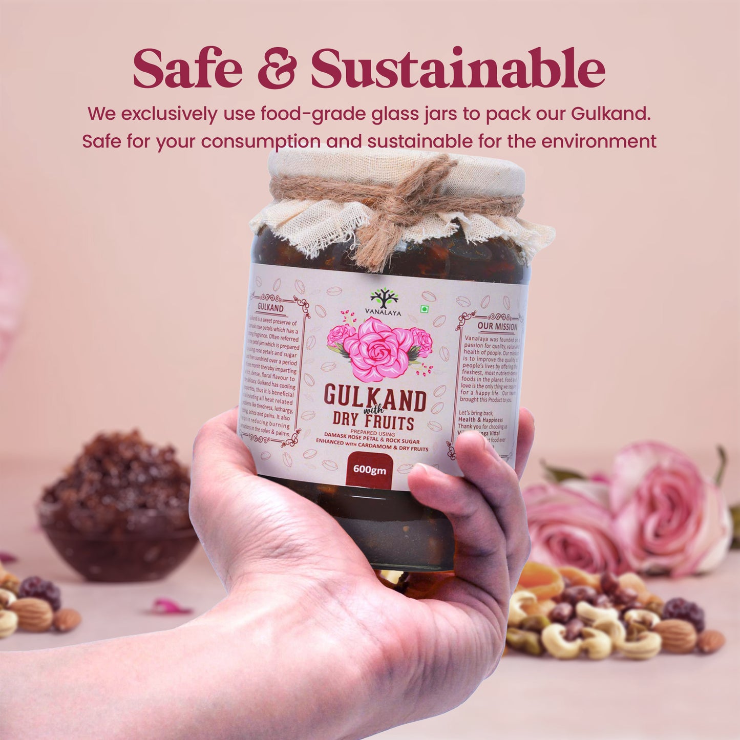 Vanalaya Natural Organic Dry Gulkand Prepared Using Sun Cooked Damask Rose Along with Dry Fruits