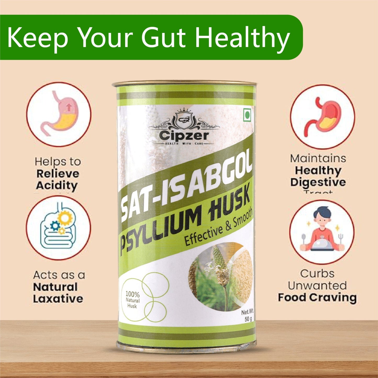 Cipzer Sat Isabgol Psyllium Husk Powder 50gm | Natural Digestion Support, Constipation Relief & Gut Health Booster