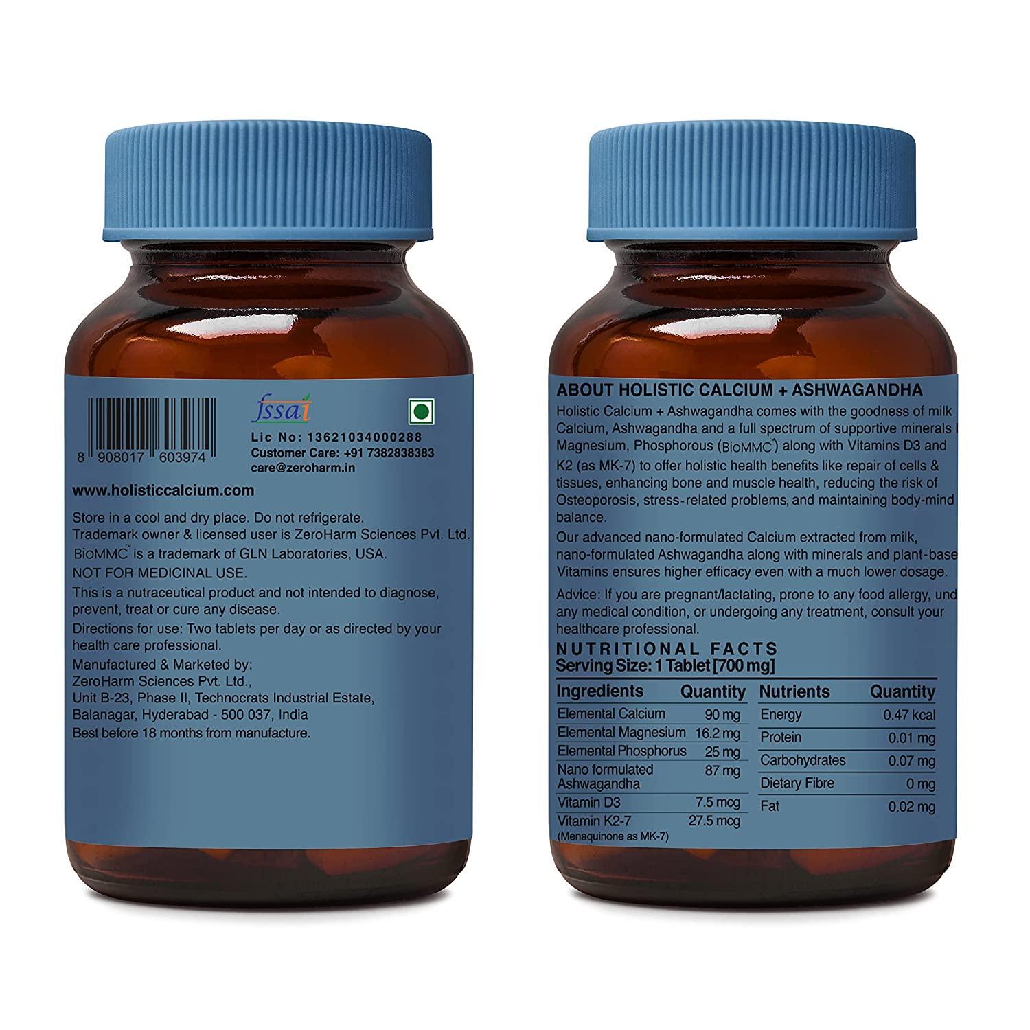 ZEROHARM Holistic Calcium Tablets – High Absorbption Milk-Based Calcium Supplement with Vitamin D3, K2-7, Magnesium, Phosphorous – Supports Bone Strength & Joint Health For Men & Women – 60 Tablets