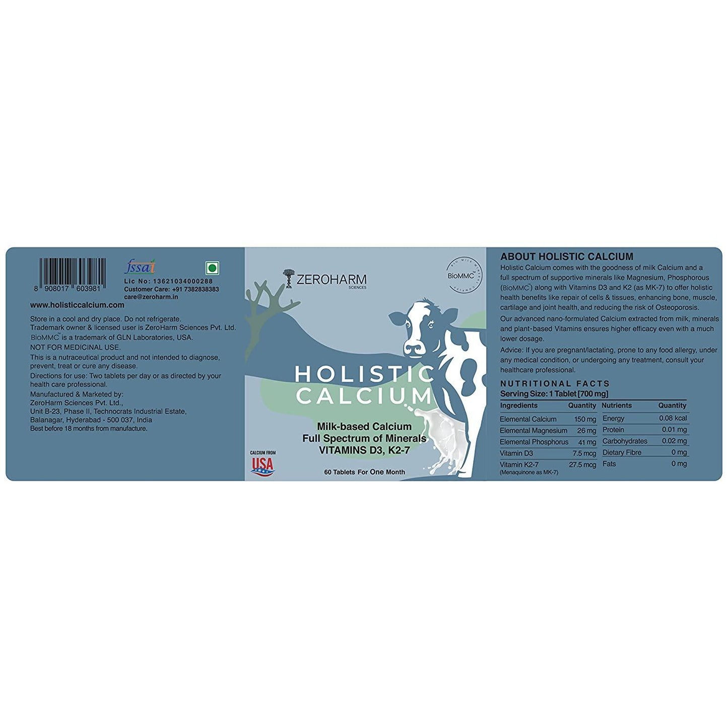 Zeroharm Holistic Calcium Tablet for Joint Support, Bone Strength and Reduce Risk of Osteoporosis - 60 Tablets