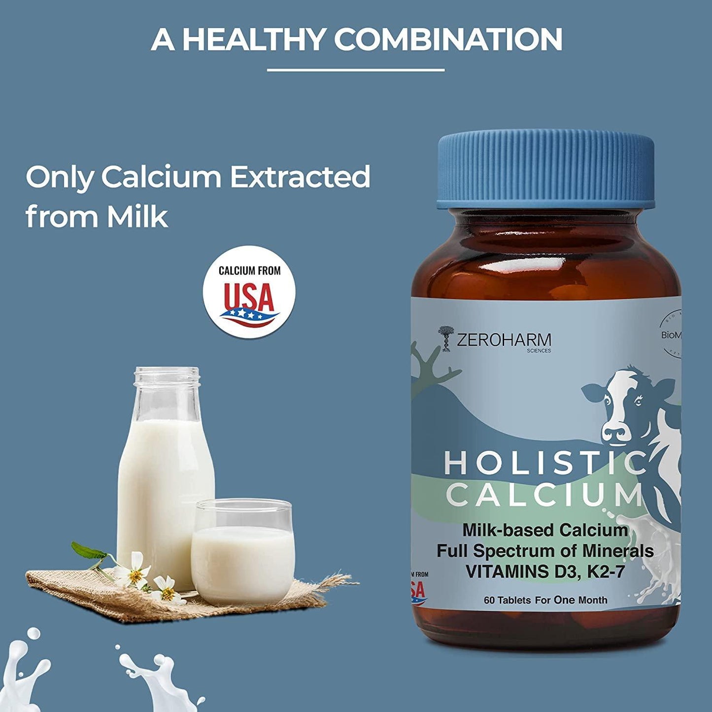 Zeroharm Holistic Calcium Tablet for Joint Support, Bone Strength and Reduce Risk of Osteoporosis - 60 Tablets