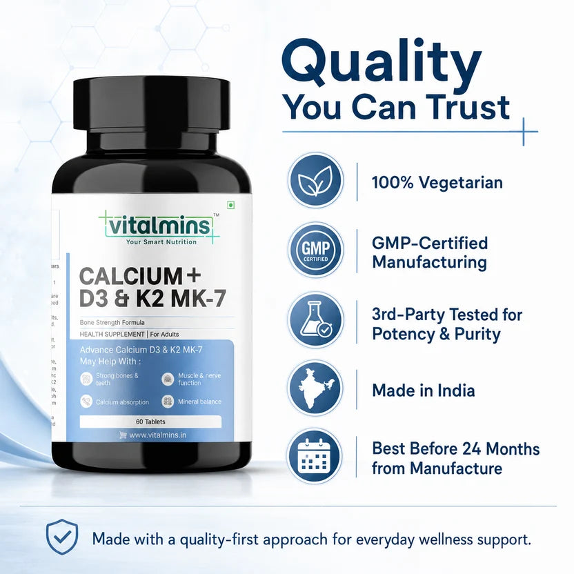 Vitalmins Calcium D3 K2 MK-7 Tablets for Optimal Bone Health, Joint Support & Cardiovascular Wellness – 60 Tablets