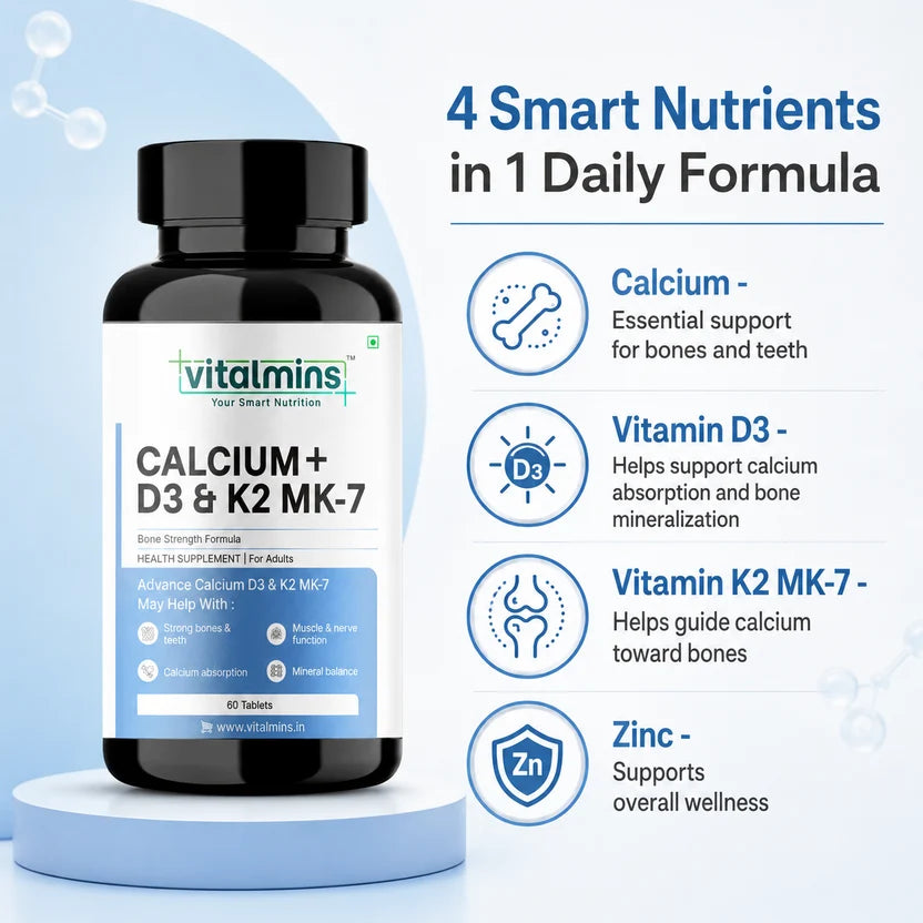 Vitalmins Calcium D3 K2 MK-7 Tablets for Optimal Bone Health, Joint Support & Cardiovascular Wellness – 60 Tablets