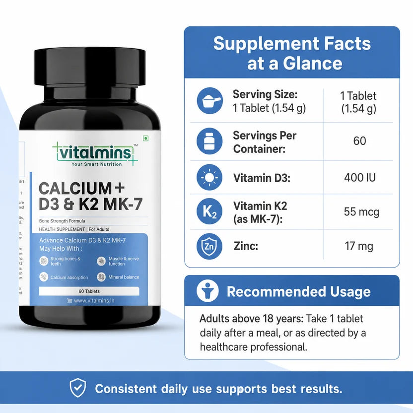 Vitalmins Calcium D3 K2 MK-7 Tablets for Optimal Bone Health, Joint Support & Cardiovascular Wellness – 60 Tablets