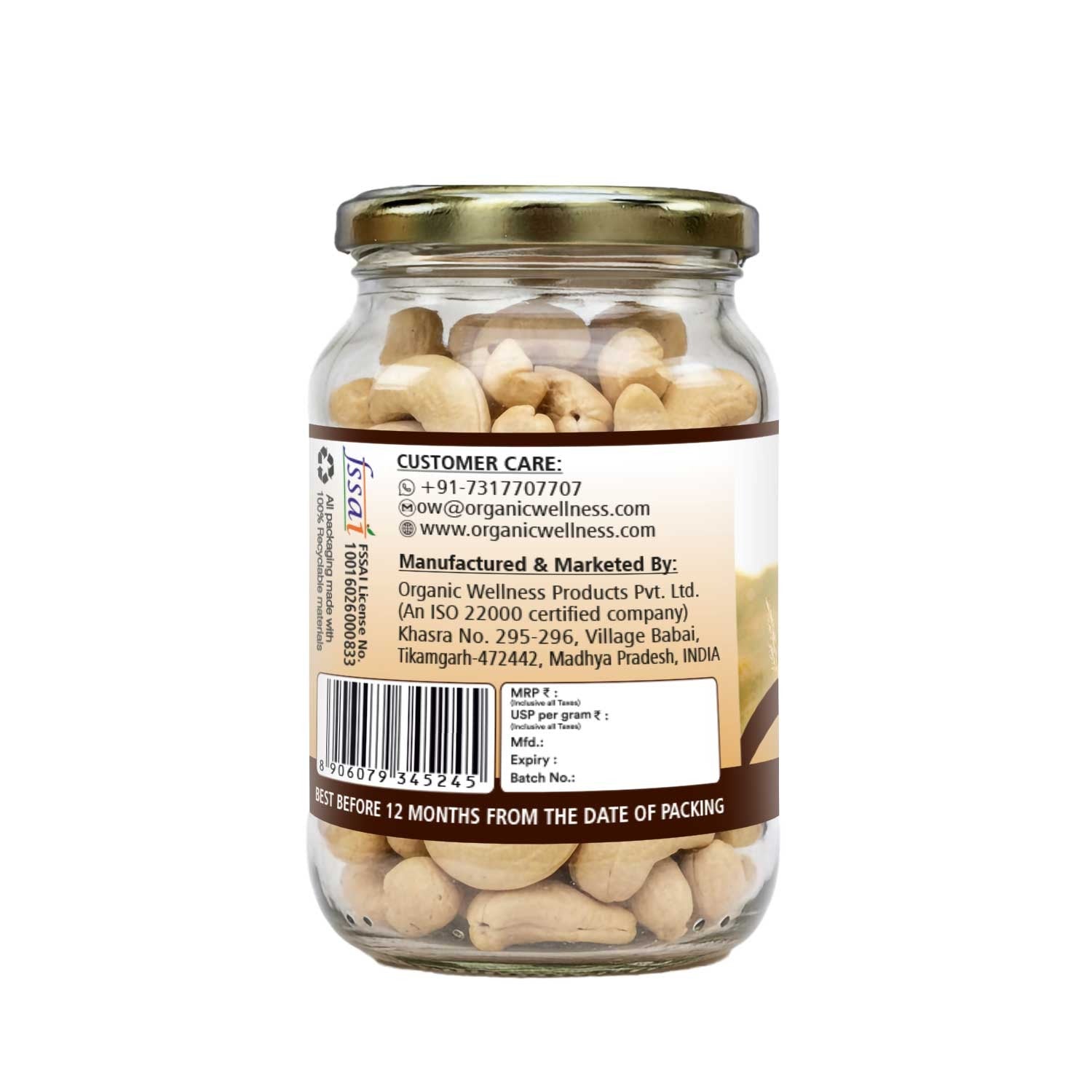 Organic Wellness Pure Premium Cashew II Healthy Whole Kaju - 150 Gram Bottle