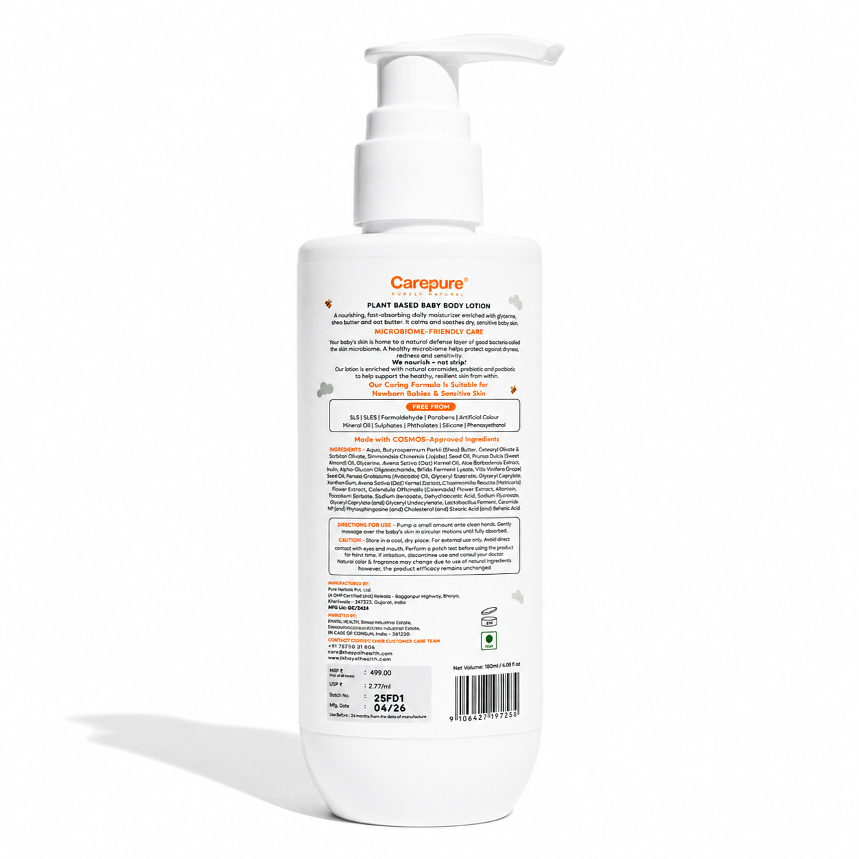 Carepure Plant-Based Hydrating Baby Lotion | Fast-Absorbing, Hypoallergenic Moisturizer for Sensitive Infant Skin