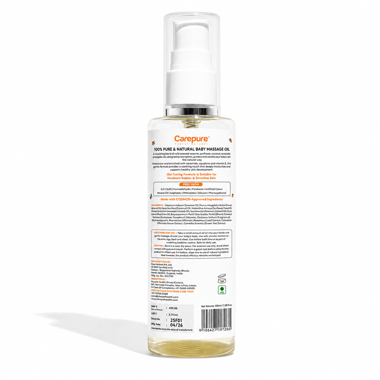 Carepure Pure Cold-Pressed Nourishing & Strengthening Baby Massage Oil | 100% Natural Botanical Oil Blend for Newborns & Toddlers