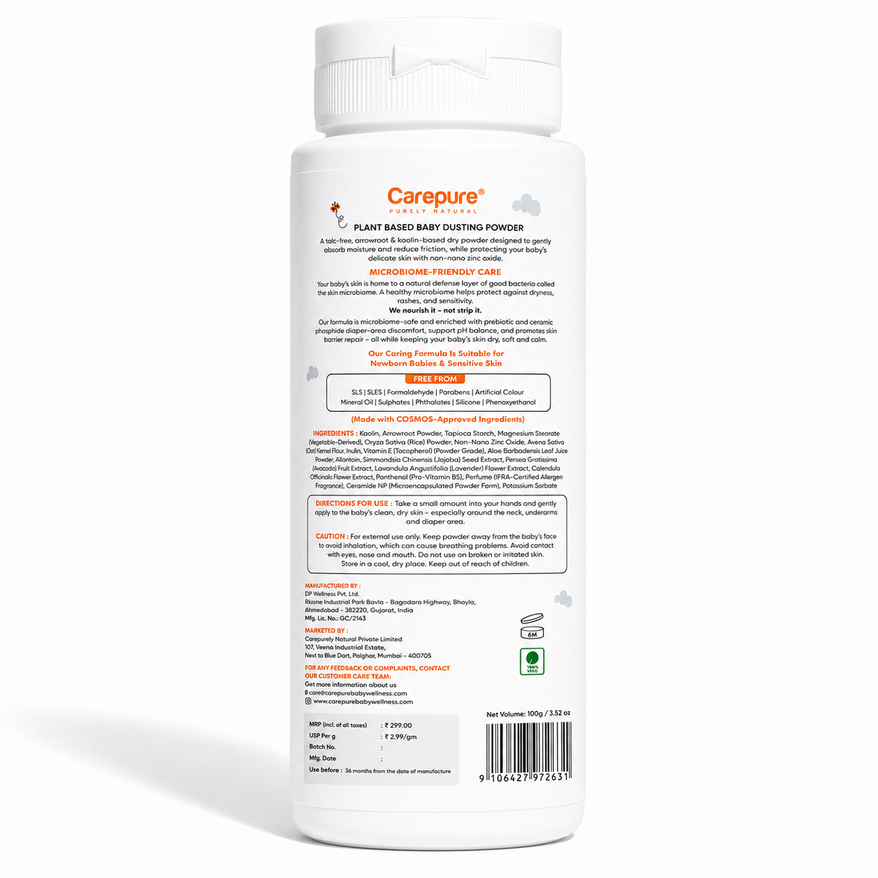 Carepure Plant-Based Soothing Baby Dusting Powder | 100% Talc-Free, Cornstarch & Arrowroot Moisture-Absorbing Powder