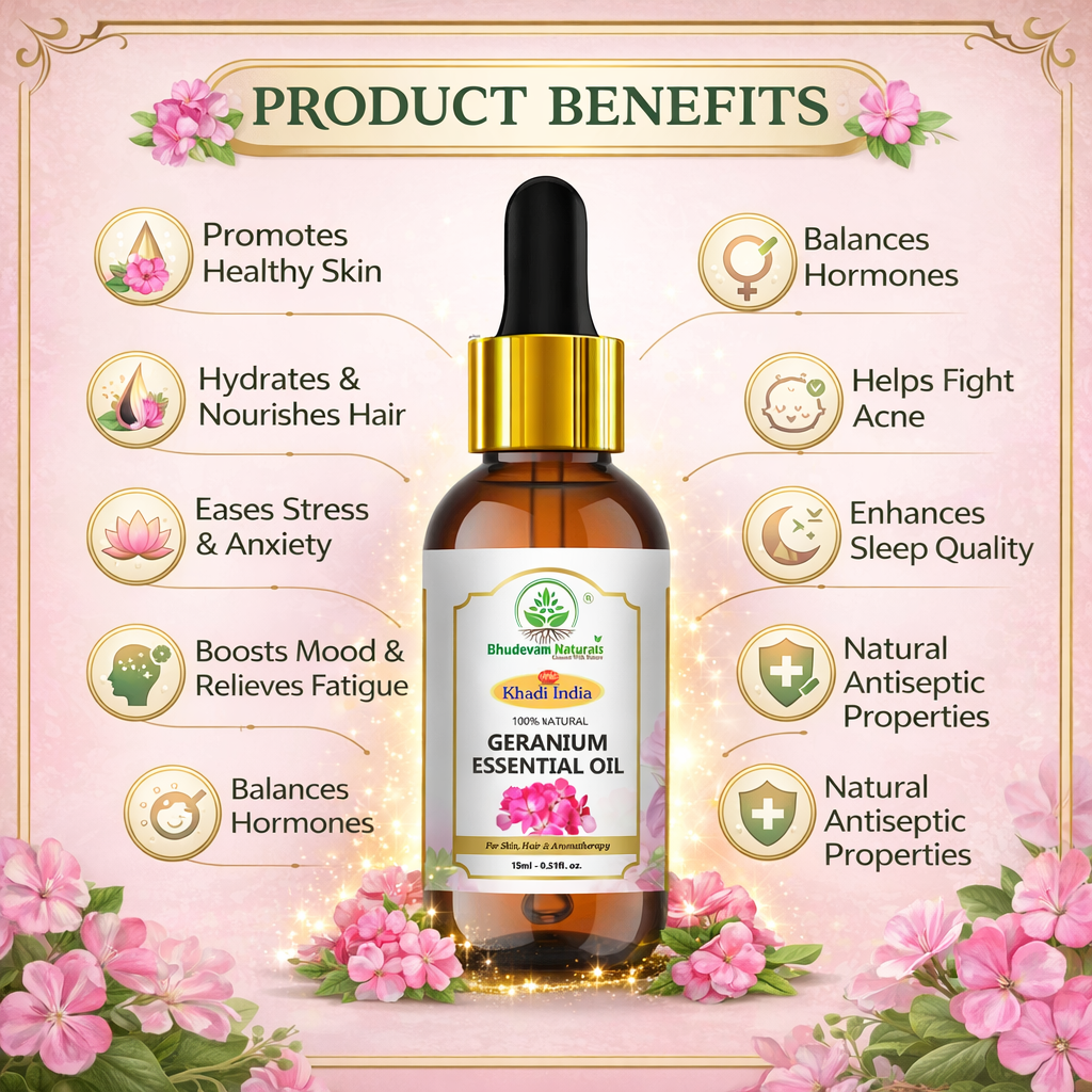 Bhudevam Naturals Geranium Essential Oil For Skin, Hair, Relaxation & Mood Upliftment- 15ML