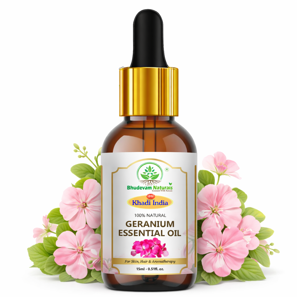 Bhudevam Naturals Geranium Essential Oil For Skin, Hair, Relaxation & Mood Upliftment- 15ML