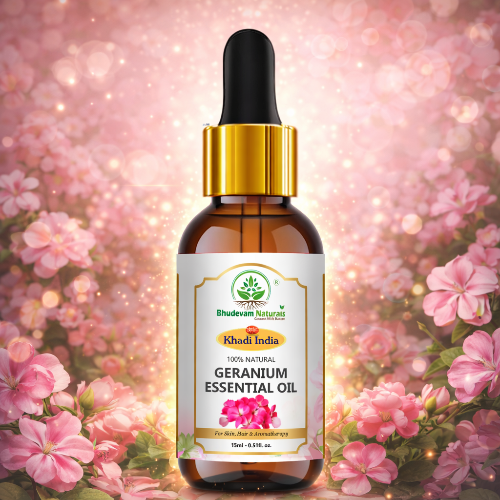 Bhudevam Naturals Geranium Essential Oil For Skin, Hair, Relaxation & Mood Upliftment- 15ML