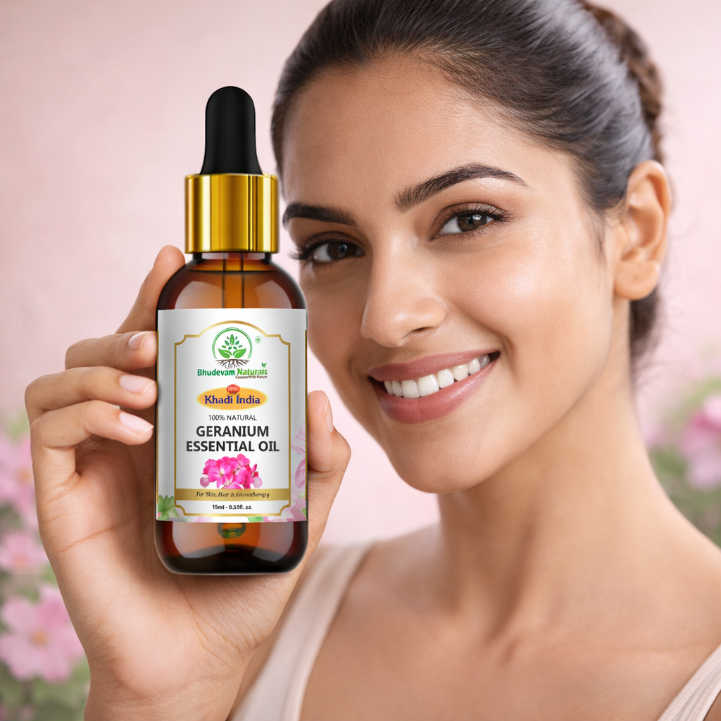 Bhudevam Naturals Geranium Essential Oil For Skin, Hair, Relaxation & Mood Upliftment- 15ML