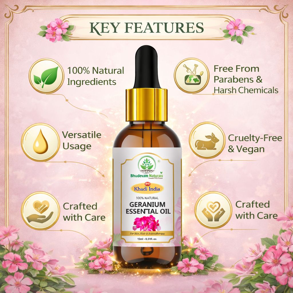 Bhudevam Naturals Geranium Essential Oil For Skin, Hair, Relaxation & Mood Upliftment- 15ML