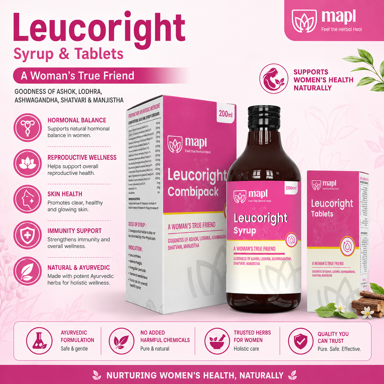 MAPL Leucoright Combipack 200ml + 40 Tablets | Women's Wellness | Vaginal Health & Hormonal Balance