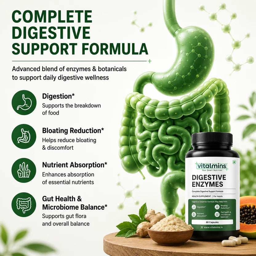 Vitalmins Digestive Enzymes Capsules for Optimal Digestive Health, Nutrient Absorption & Bloating Relief – 60 Capsules