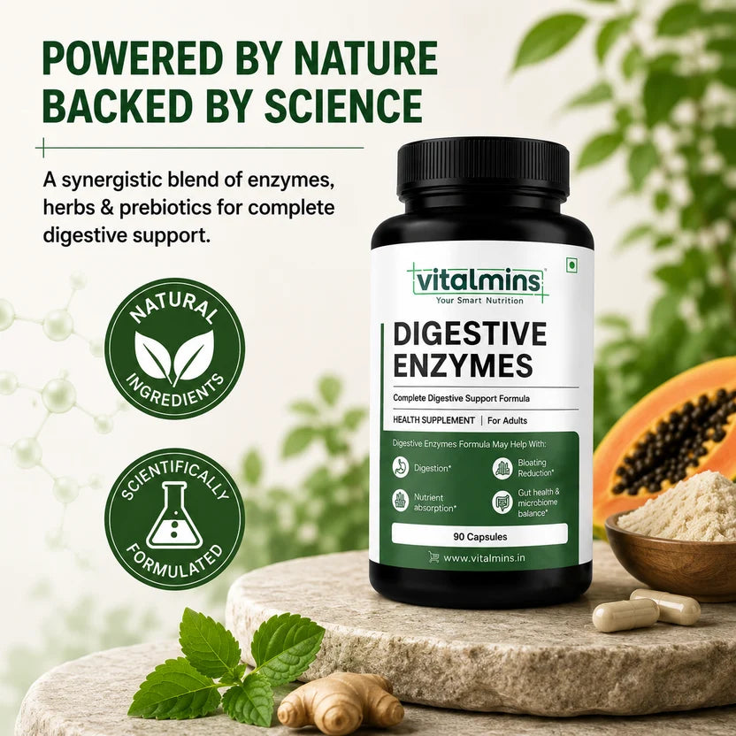 Vitalmins Digestive Enzymes Capsules for Optimal Digestive Health, Nutrient Absorption & Bloating Relief – 60 Capsules