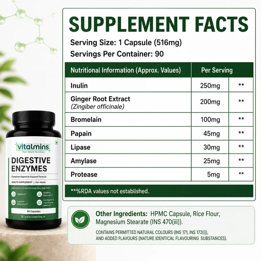 Vitalmins Digestive Enzymes Capsules for Optimal Digestive Health, Nutrient Absorption & Bloating Relief – 60 Capsules