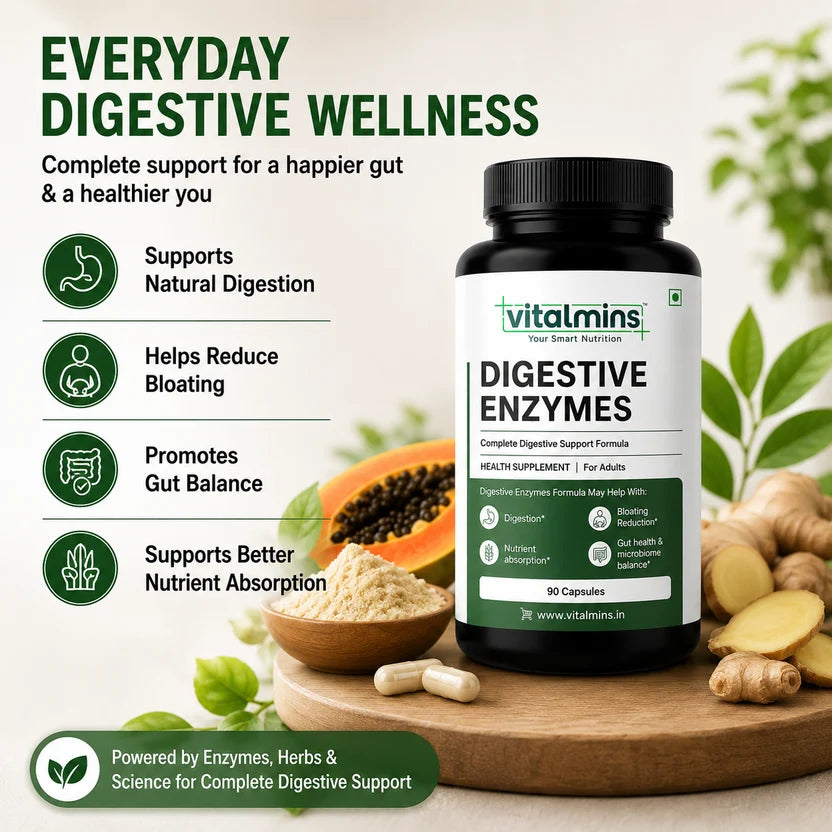 Vitalmins Digestive Enzymes Capsules for Optimal Digestive Health, Nutrient Absorption & Bloating Relief – 60 Capsules