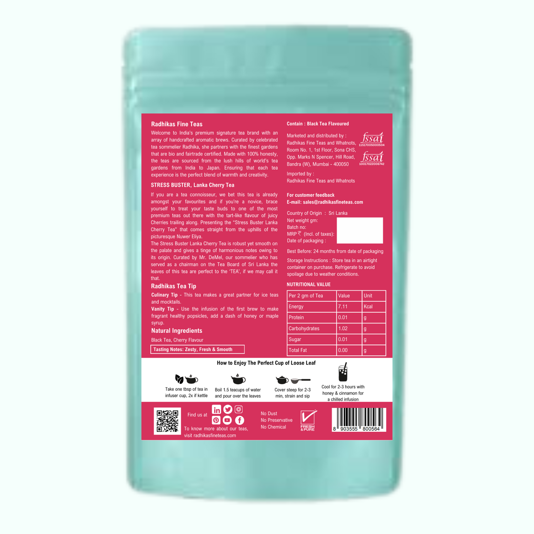 Radhika's Fine Teas Stress Buster Lanka Cherry Tea (50g) | Single-Origin Ceylon Black Tea with Cherry for Stress Relief, Immunity & Focus
