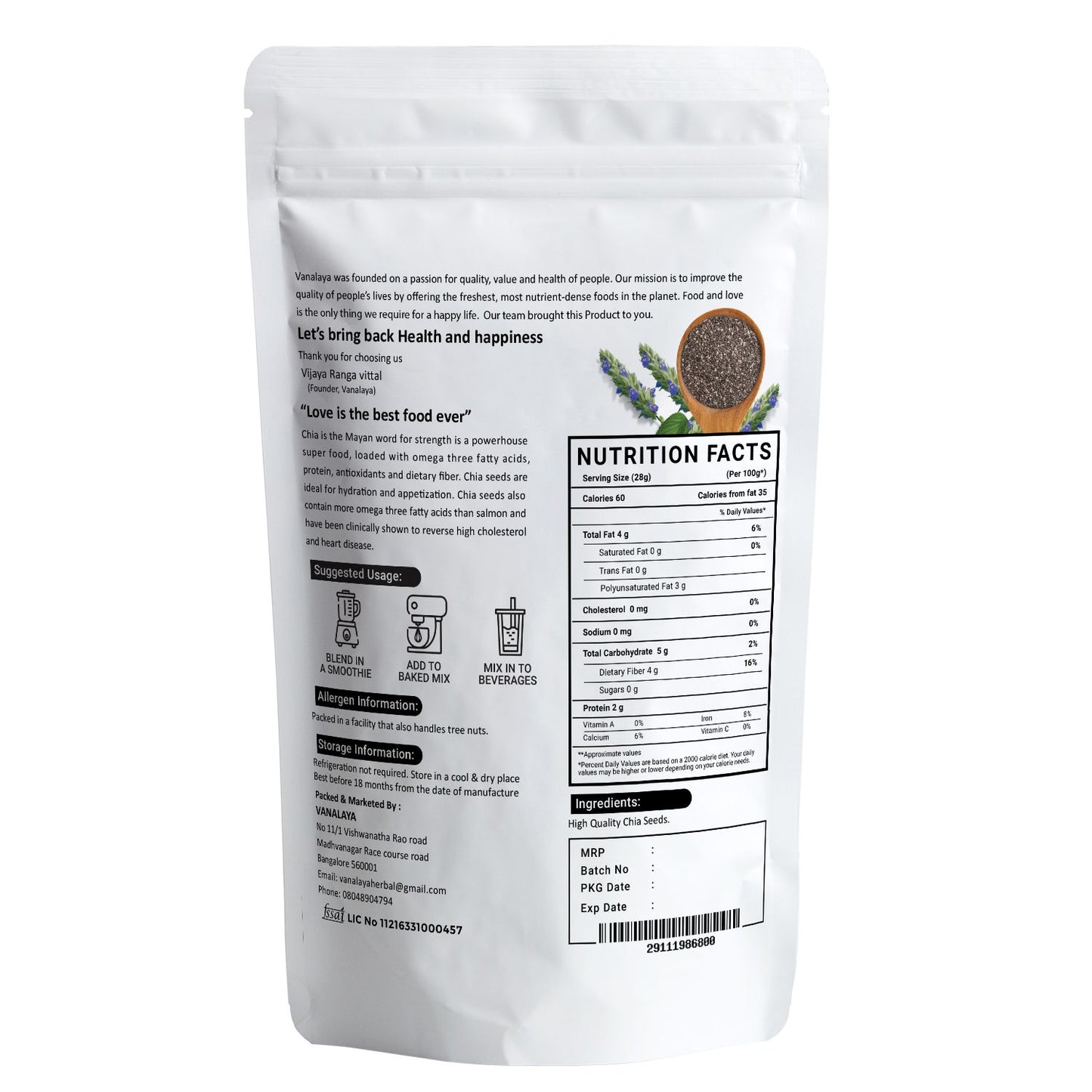 Vanalaya Raw Unroasted Chia Seeds for Eating with Omega 3 Protein and Fiber for Weight Loss Management 250gm