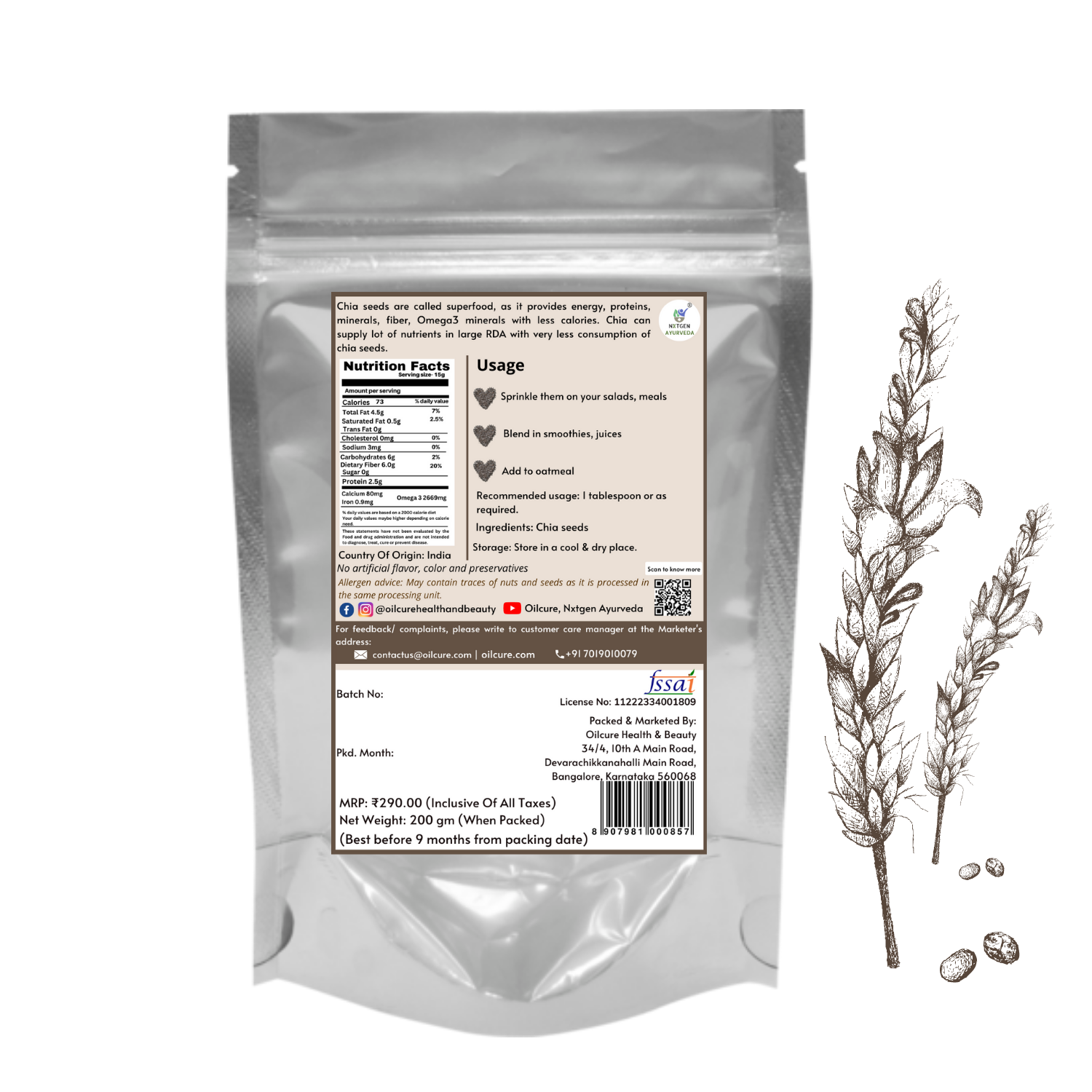 Nxtgen Ayurveda Chia Seeds Raw- 200 gms (Pack of 2)