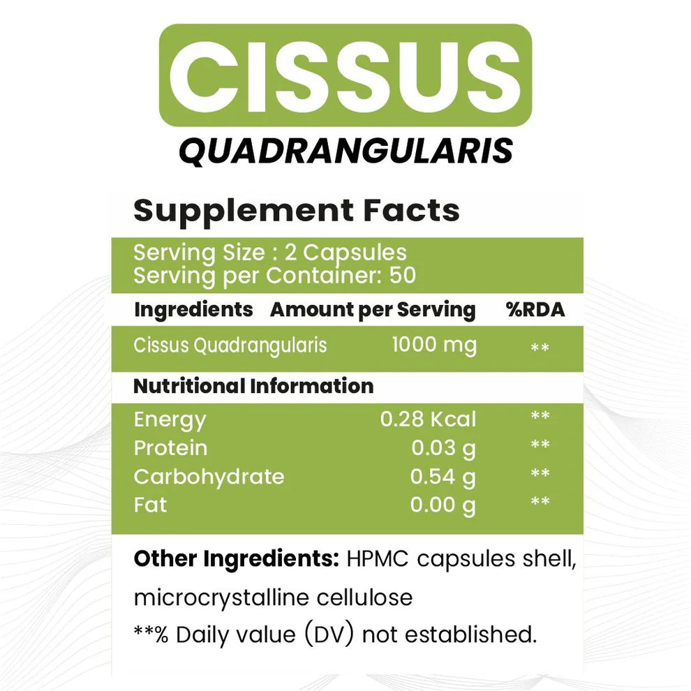 Raskam Cissus Quadrangularis Extract 1000mg - 100 Veg Capsules- Bone & Joint Wellness