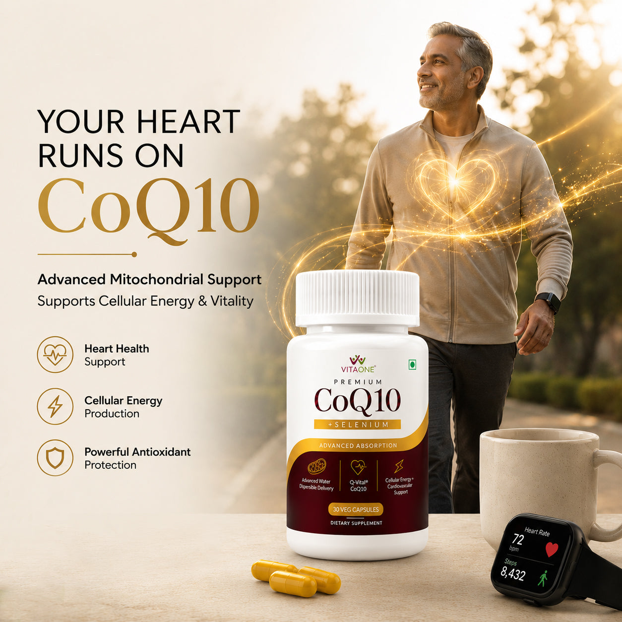 Vitaone CoQ10 + Selenium Capsules for Energy & Heart Health Capsules (30s) | For Cellular Energy, Cardiovascular & Antioxidant Support