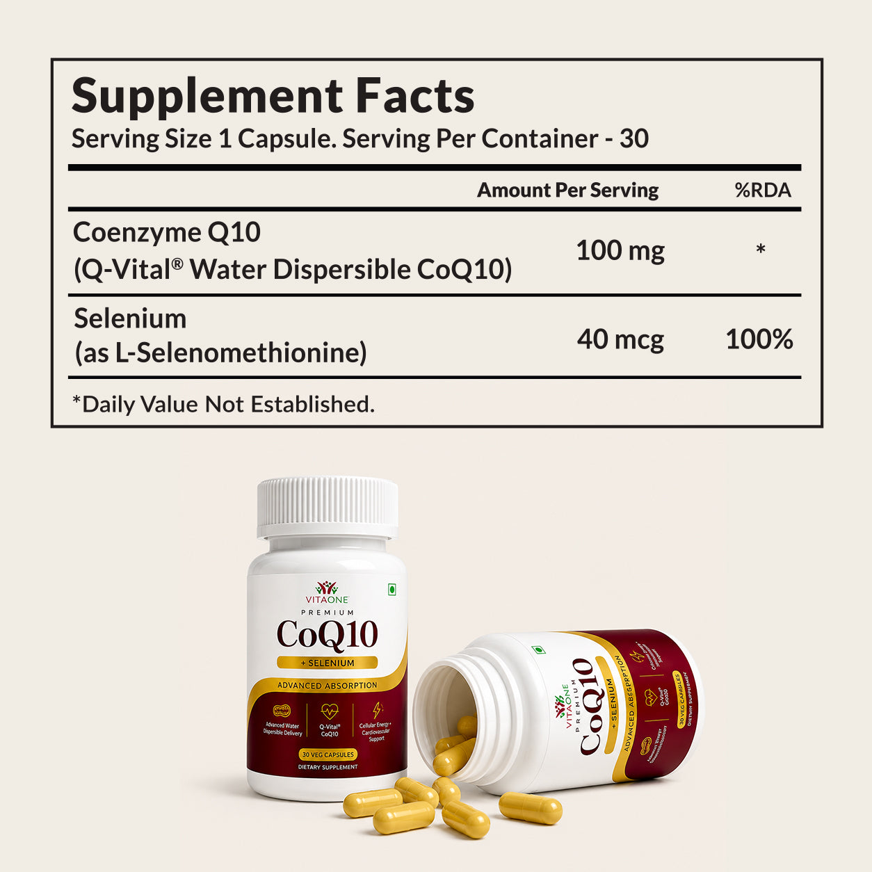 Vitaone CoQ10 + Selenium Capsules for Energy & Heart Health Capsules (30s) | For Cellular Energy, Cardiovascular & Antioxidant Support