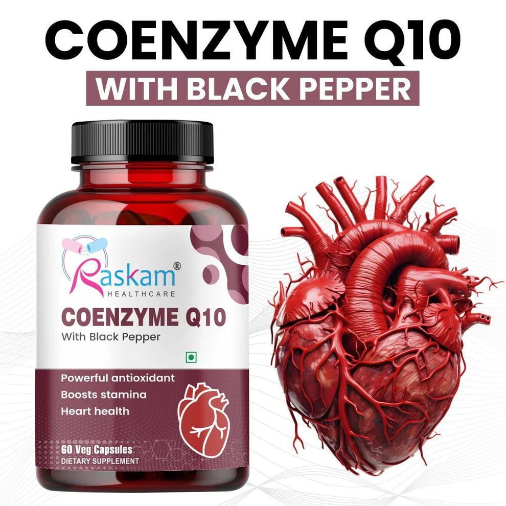 Raskam Coenzyme Q10 (CoQ10) Capsules with Piperine | Supports Heart Health and Vascular Health | 100% Vegetarian – 60 Capsules