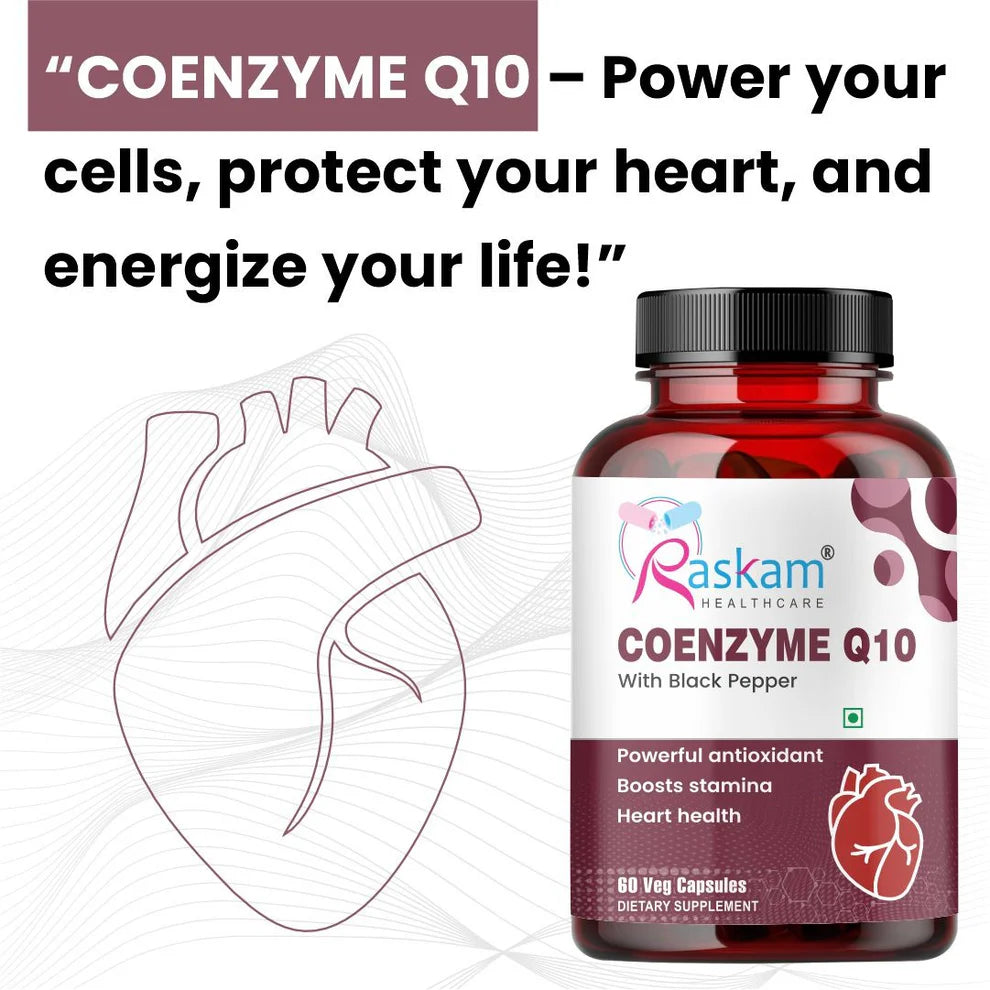Raskam Coenzyme Q10 (CoQ10) Capsules with Piperine | Supports Heart Health and Vascular Health | 100% Vegetarian – 60 Capsules