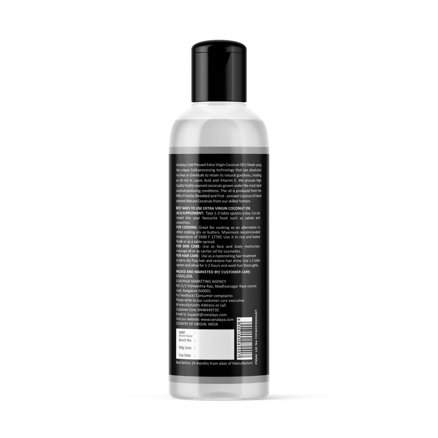 Vanalaya Cold Pressed Virgin Coconut oil Edible oil for Cooking skin Hair and Skin - 200ml