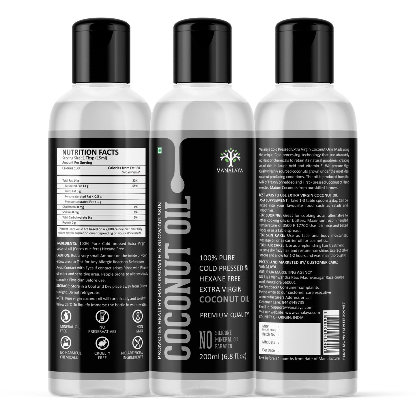 Vanalaya Cold Pressed Virgin Coconut oil Edible oil for Cooking skin Hair and Skin - 200ml