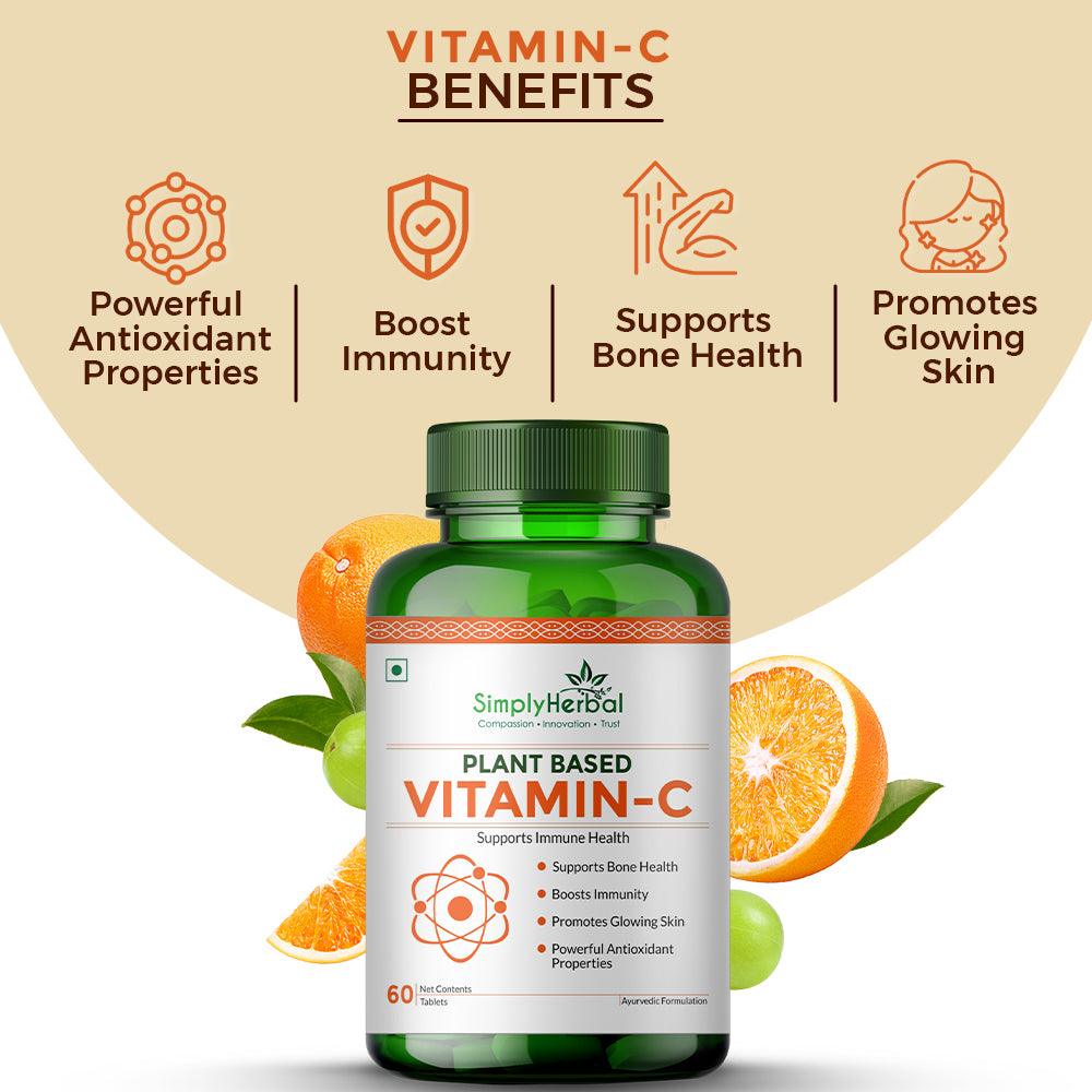 Simply Herbal Vitamin-C Tablet or Glowing Skin & Face, Ascorbic Acid, Amla Extract, Skin Glowing Supplement Promote Beauty & Health for Men & Women - 60 Tablets
