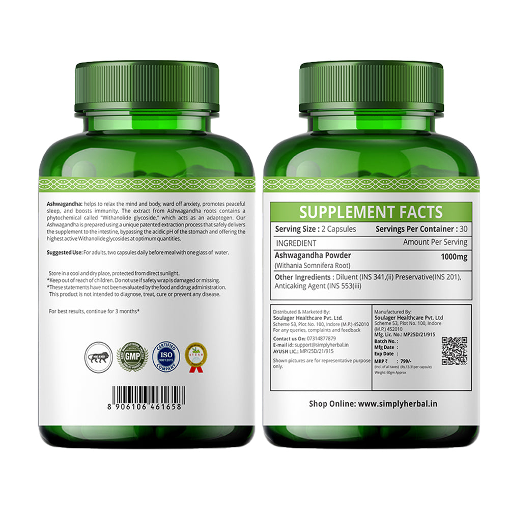 Simply Herbal Ashwagandha Capsule - 1000mg Ashwagandha Capsules for General Wellness, Improves Vitality, Manage Stress & Anxiety, Boost Energy & Strength, Rejuvenates Mind & Body - 60 Veg Capsules