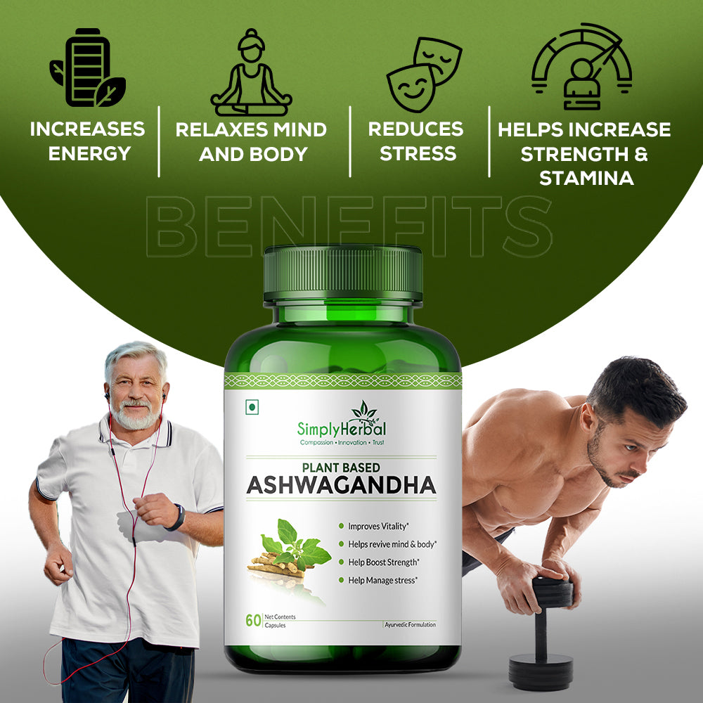 Simply Herbal Ashwagandha Capsule - 1000mg Ashwagandha Capsules for General Wellness, Improves Vitality, Manage Stress & Anxiety, Boost Energy & Strength, Rejuvenates Mind & Body - 60 Veg Capsules