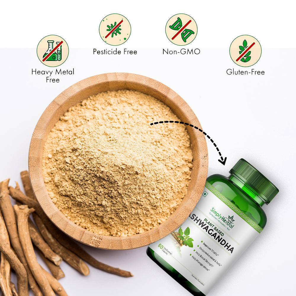 Simply Herbal Ashwagandha Capsule - 1000mg Ashwagandha Capsules for General Wellness, Improves Vitality, Manage Stress & Anxiety, Boost Energy & Strength, Rejuvenates Mind & Body - 60 Veg Capsules
