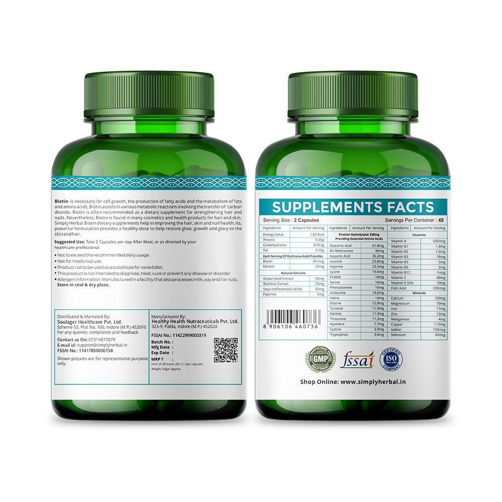 Simply Herbal Biotin 10000mcg Capsule With Keratin & Amino Acids for Hair, Skin & Nails (90 Capsules)