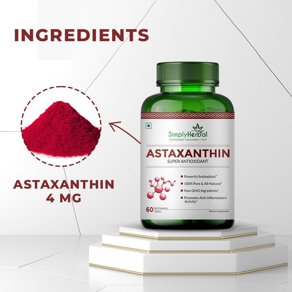 Simply Herbal Astaxanthin 4mg Super Antioxidant, Supplement tablet Promote Healthy Skin & Muscle Health Also Support Heart Function & Immunity (60 Veg Tablets)
