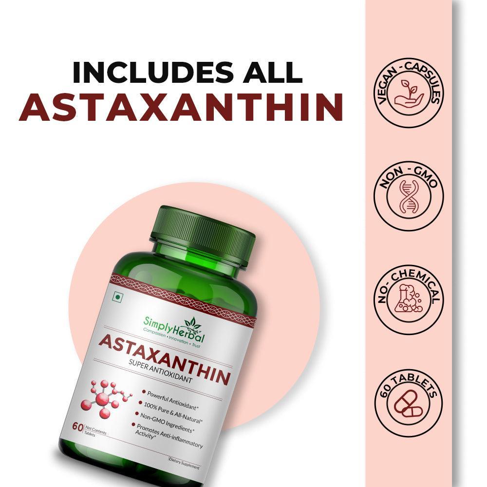 Simply Herbal Astaxanthin 4mg Super Antioxidant, Supplement tablet Promote Healthy Skin & Muscle Health Also Support Heart Function & Immunity (60 Veg Tablets)