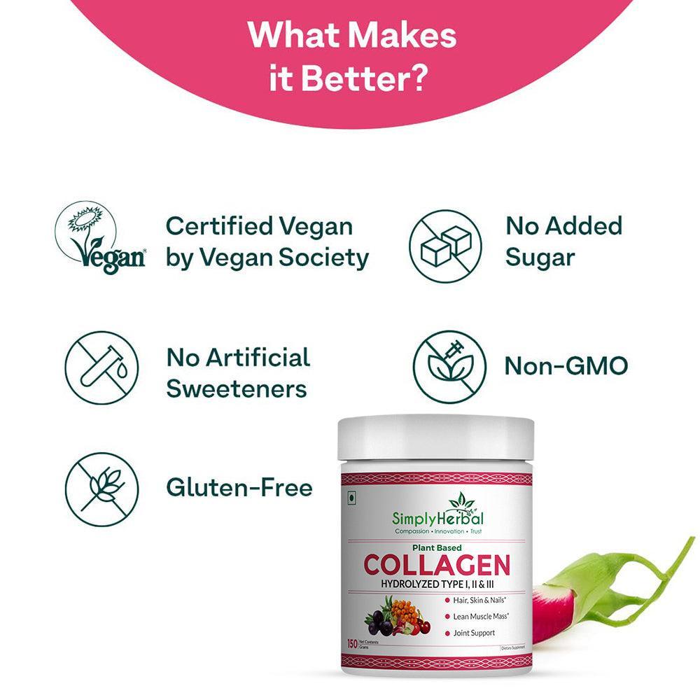 Simply Herbal Plant-Based Collagen Powder Natural Peptide Builder Supplement Drink With Vitamin C, Silica, & Biotin For Skin Hair Nail Health Promote Bone Joint Function for Men & Women – 150 gm