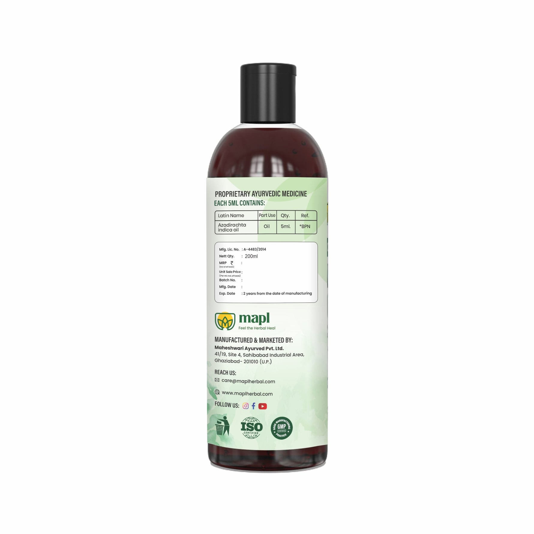 MAPL Cold-Pressed Neem Oil | Pure Ayurvedic Hair & Skin Oil | Moisturizes, Strengthens Hair, Supports Healthy Skin | 200 ml