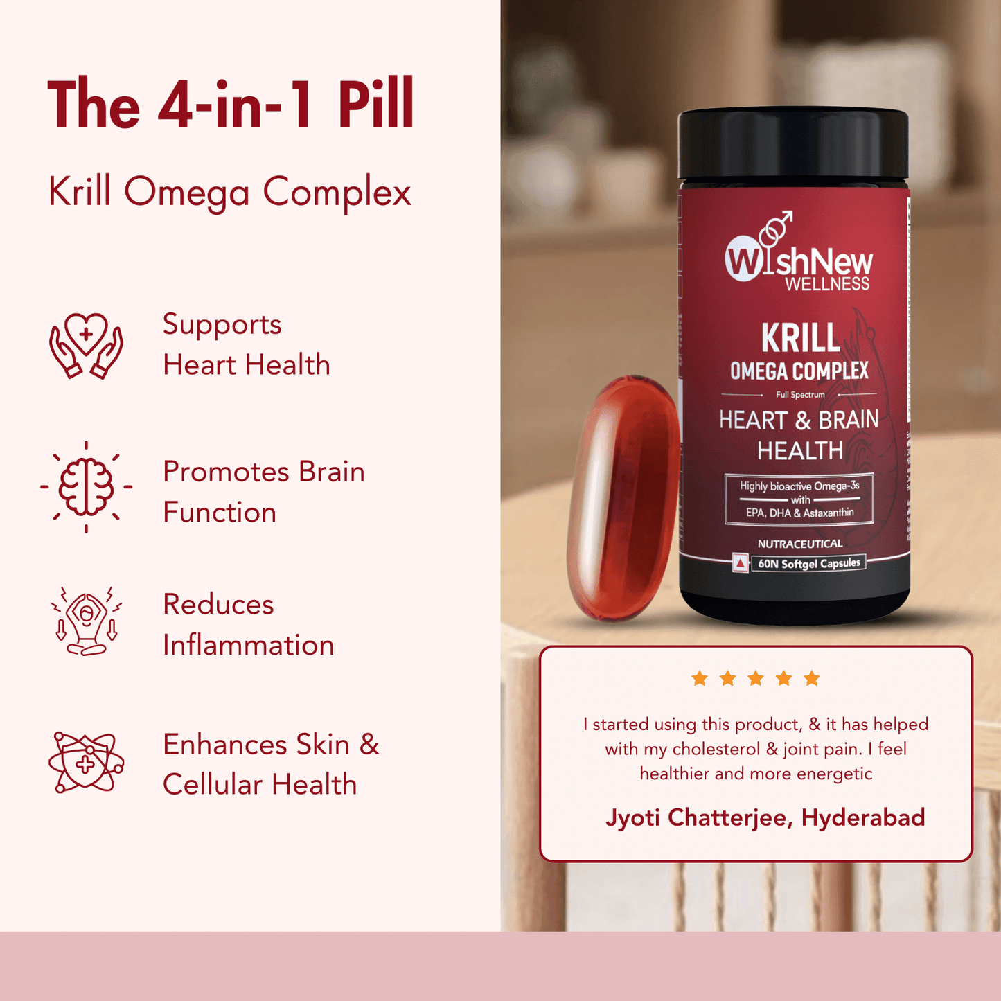 Wishnew Wellness Krill Omega Complex Heart & Brain Health Softgel Capsules - 60 Softgel Capsules