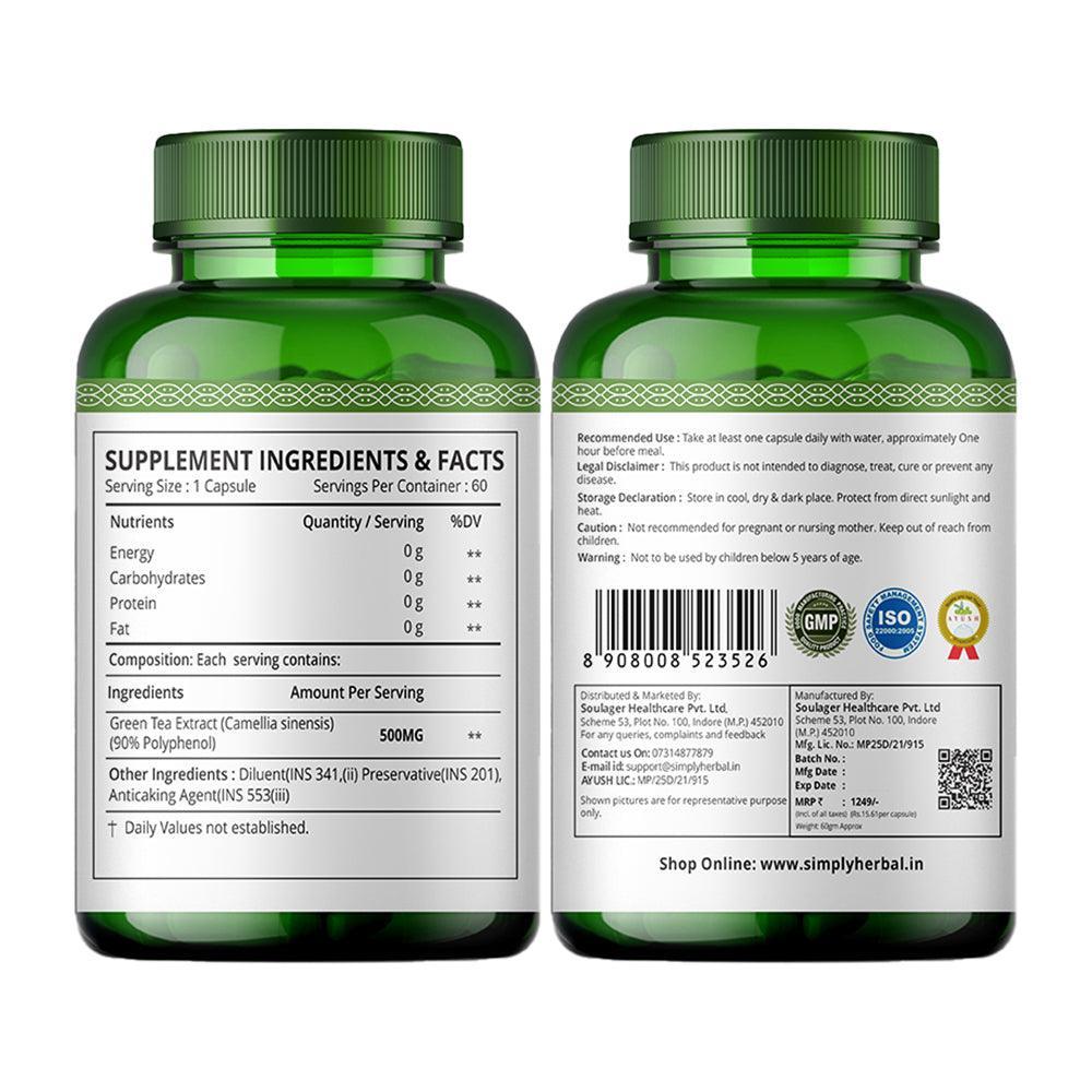 Simply Herbal 500 Mg Green Tea Extract Capsules for Fat Loss | Metabolism Booster Supplement Capsule Support Healthy Weight Management & Regulation of Hunger - 60 Veg Capsules