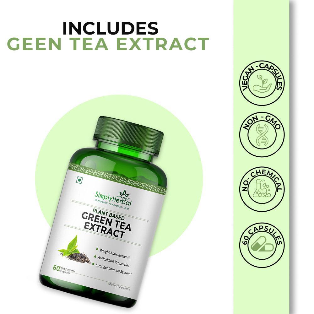 Simply Herbal 500 Mg Green Tea Extract Capsules for Fat Loss | Metabolism Booster Supplement Capsule Support Healthy Weight Management & Regulation of Hunger - 60 Veg Capsules