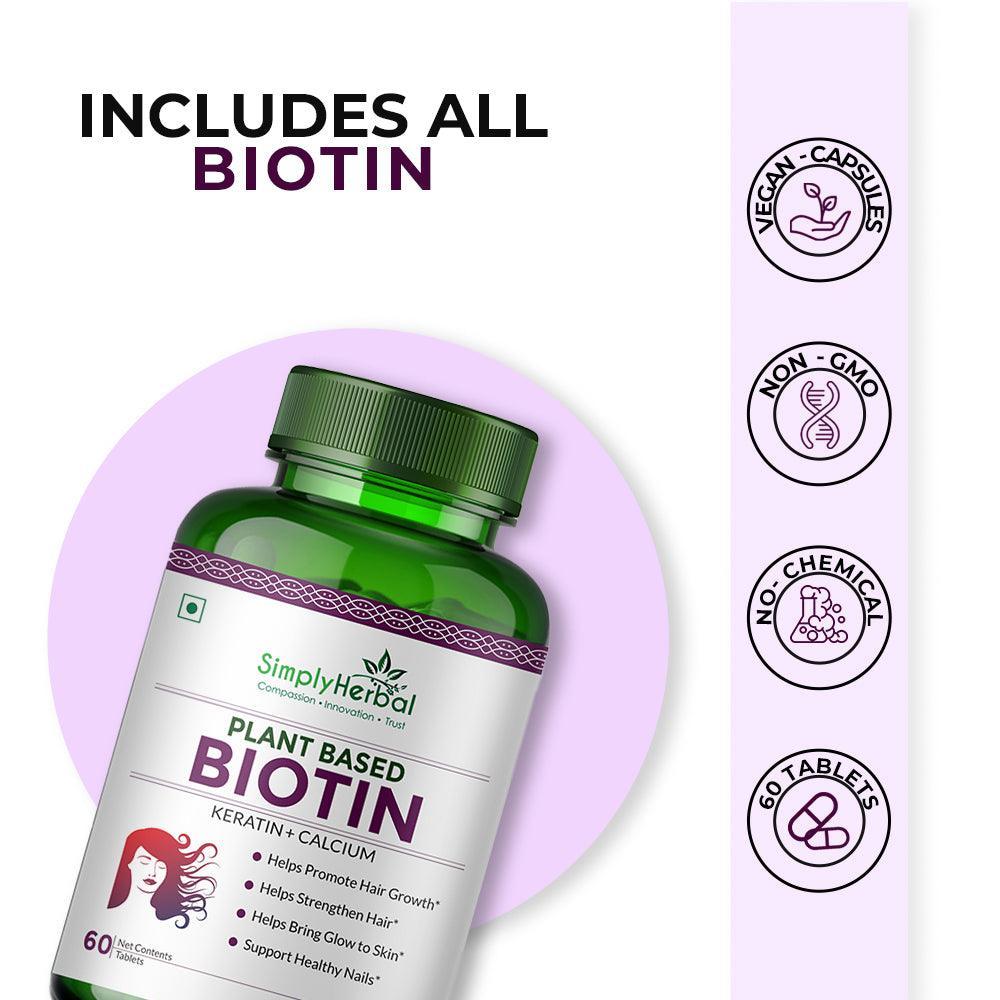 Simply Herbal Natural Biotin Vitamin B7 Capsules for Hair & Skin Enriched With Keratin + Multivitamin + Amino For Men Women (60 Tablets )