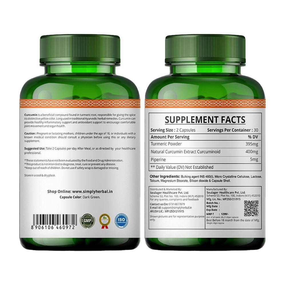 Simply Herbal 800 MG Turmeric Curcumin & Piperine Extract Capsules for Immunity | Immunity Boosters Capsule for Adults | Good for Skin & Joint Pains | Natural and Pure Curcuminoids(60- Capsule )