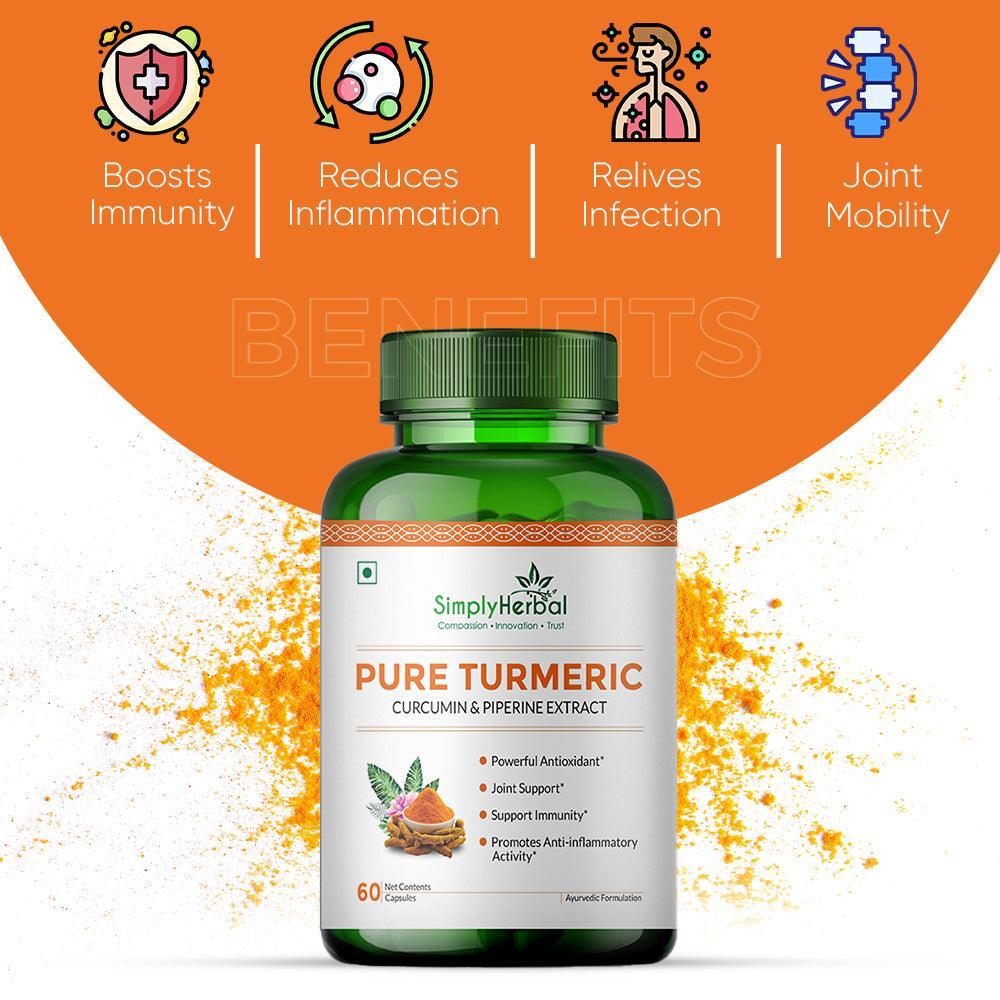 Simply Herbal Pure Turmeric Curcumin & Piperine Extract Capsule - 800 MG for Immunity | Immunity Boosters Capsule for Adults | Good for Skin & Joint Pains | Natural and Pure Curcuminoids(60- Capsule )